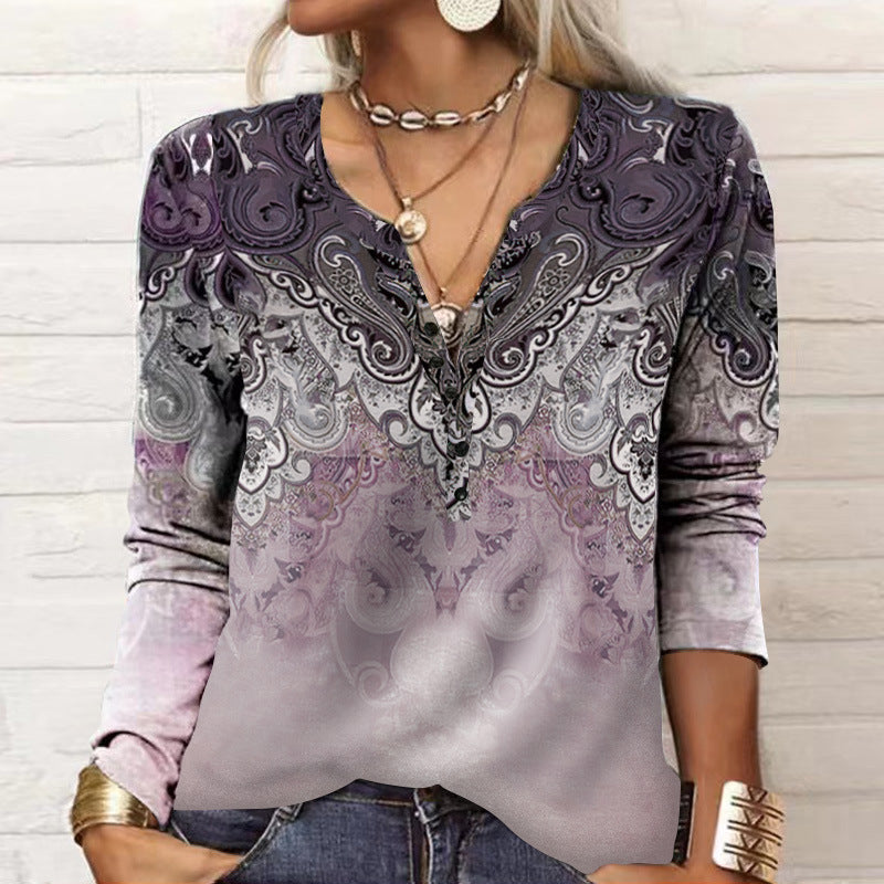 Wholesale autumn and winter women's long sleeve printed national fashion T-shirt